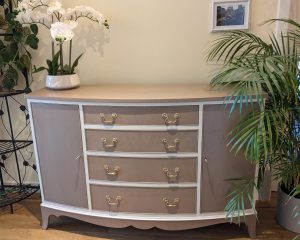 Queen Anne style bow front neutral sideboard