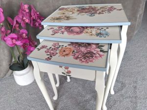 Redesign by Prima transfer with Dropcloth paint on pretty floral nested tables