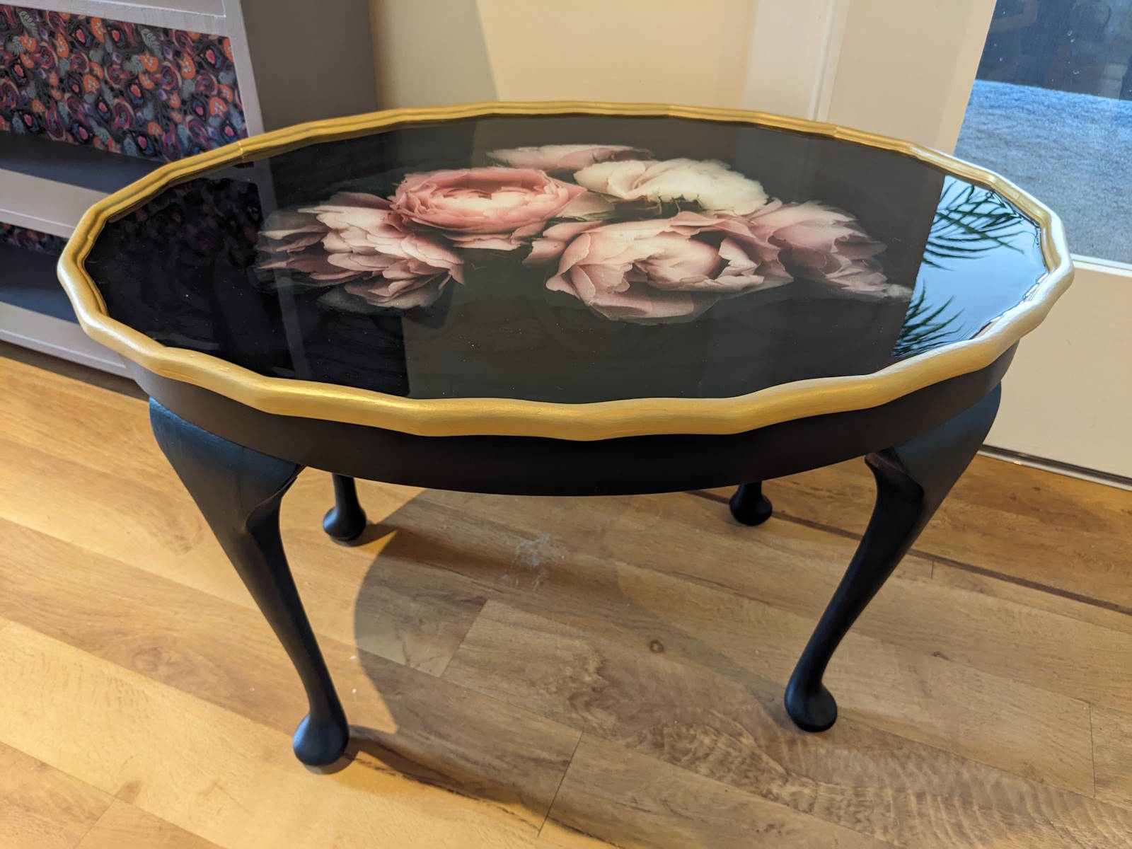 Bespoke furniture - Vintage side table upcycled with Dixie Belle Caviar black paint and gold with Moody florals Mint by Michelle decoupage