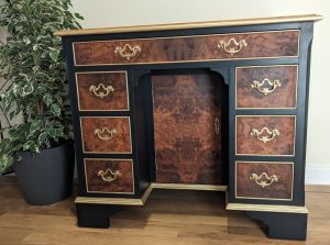 burr walnut vintage kneehole desk upcycled in black and gold