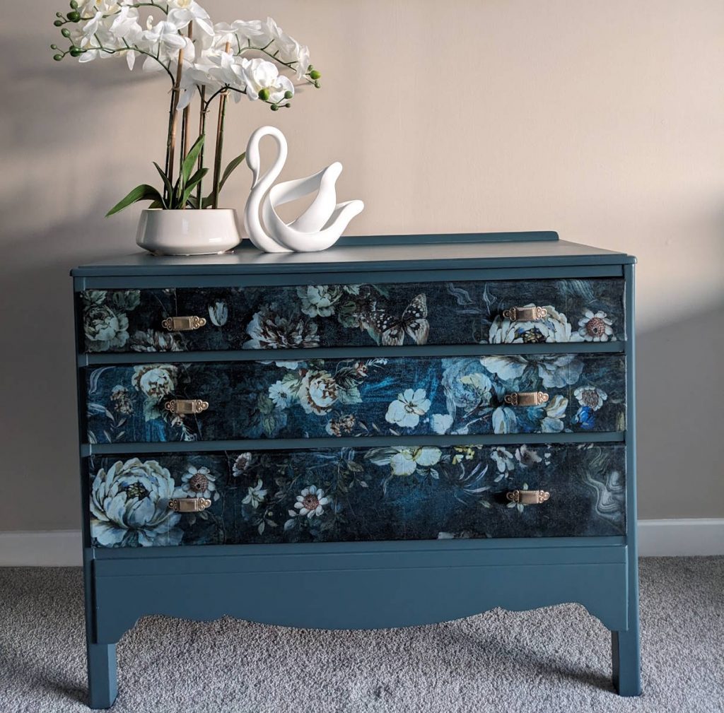 chest of drawers with Heartfelt decoupage and teal paint