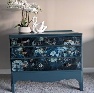 chest of drawers with Heartfelt decoupage and teal paint