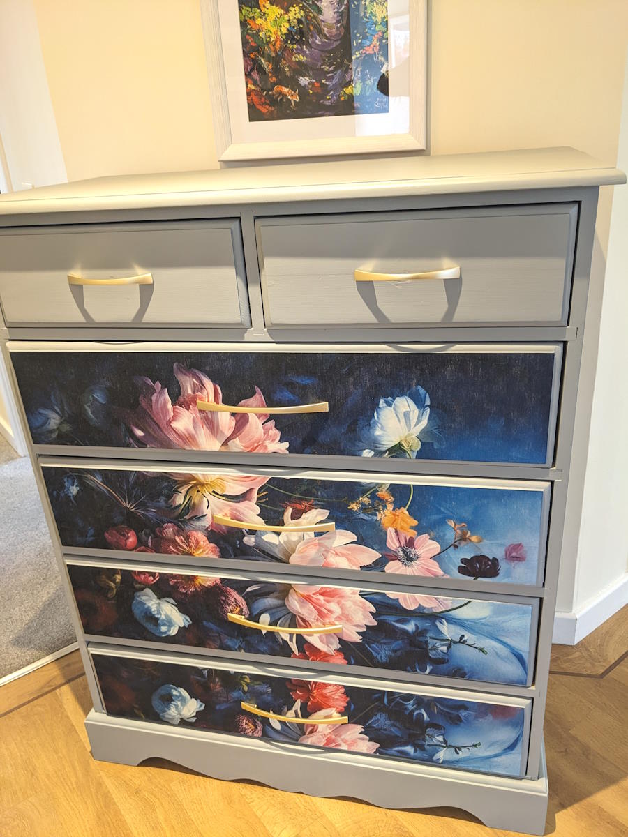 chest of drawers with Savannah mist and enchanted garden decoupage
