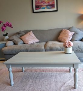 pale grey coffee table upcycled to match decor