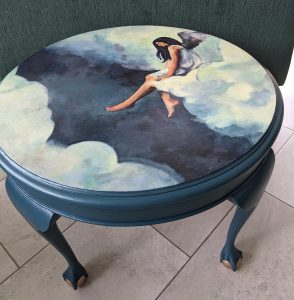 round teal side table with unique angel MINT by michelle decoupage