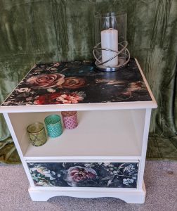 side table upcycled with cream paint and Andressa decoupage