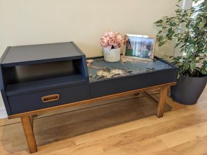 upcycled blue telephone table with floral decoupage