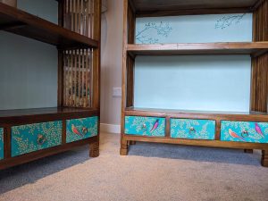 upcycled bookcase with decoupage and sara Miller green birds fabric