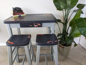 upcycled wooden breakfast table and stools