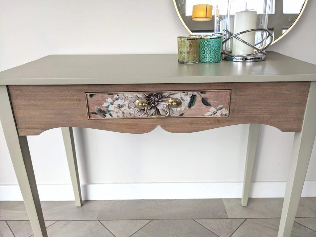 vintage console table upcycled with Fusion Bedford paint and decoupage drawer
