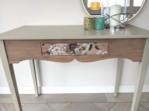 vintage console table upcycled with Fusion Bedford paint and decoupage drawer
