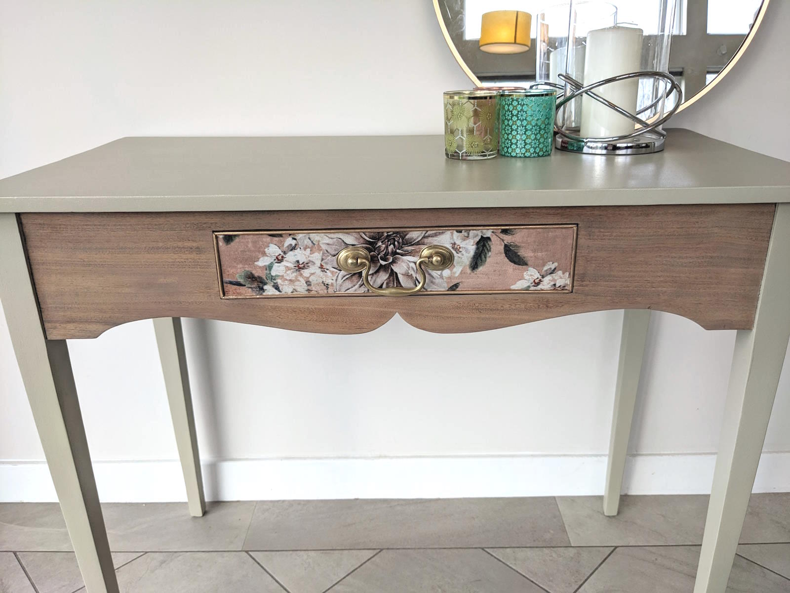 vintage console table upcycled with Fusion Bedford paint and decoupage drawer
