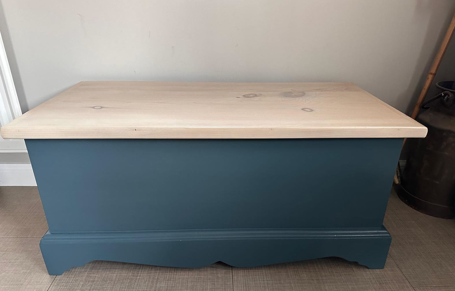 wooden chest painted teal with white washed wooden top