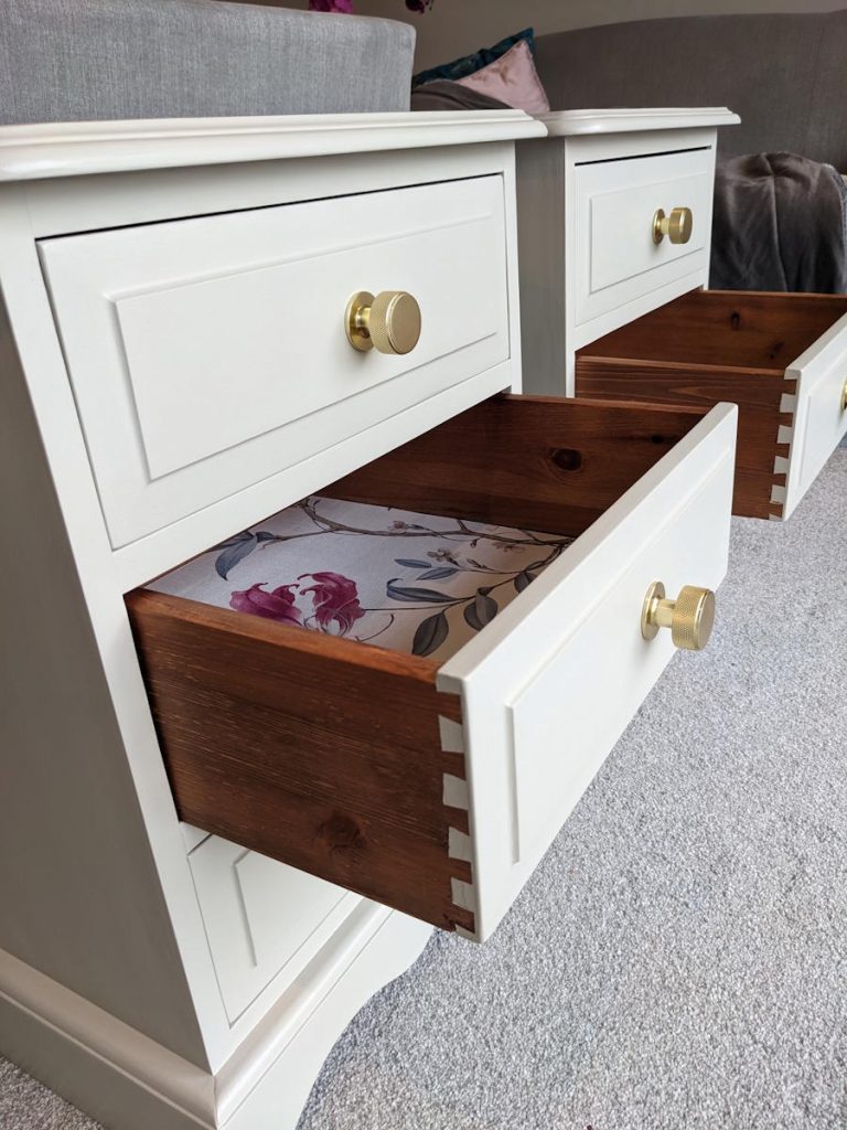 commission painting orange pine bedside tables and lining drawers with wallpaper