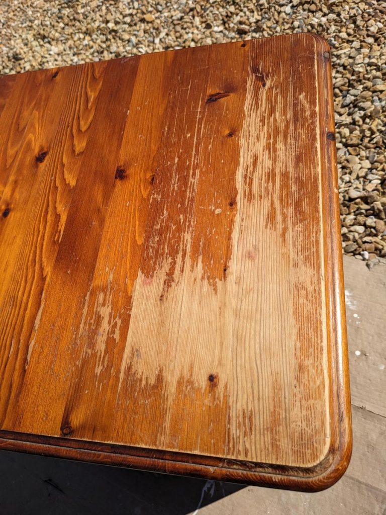 pine bedside table top with failing varnish needing removed