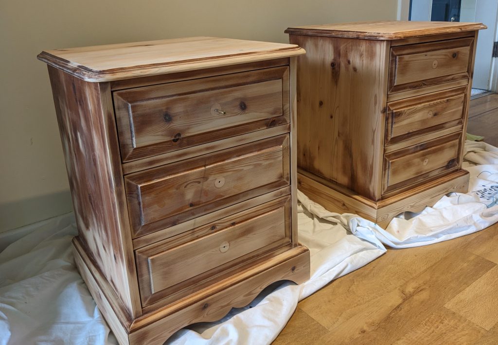 pine bedside tables that have been sanded ready for painting