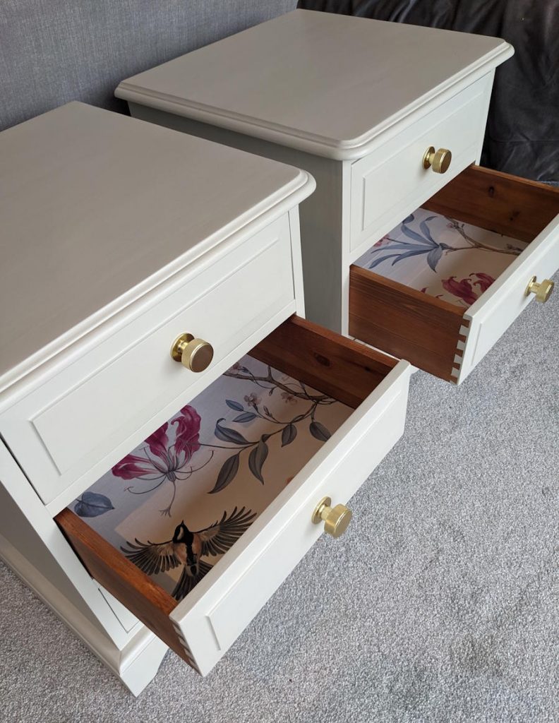 commission painting orange pine bedside tables and lining drawers with wallpaper