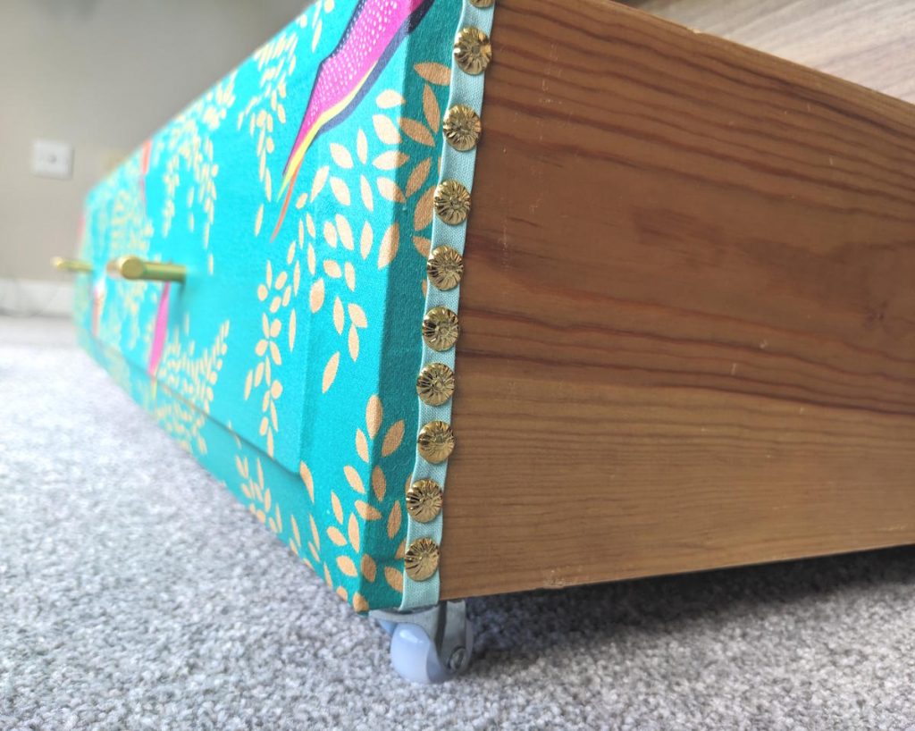 Under bed storage drawers on wheels with Sara Miller Green Birds decor