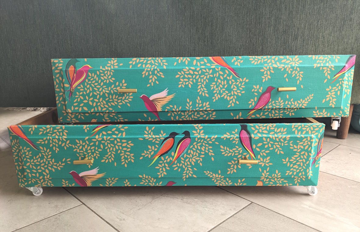 Under bed storage drawers on wheels with Sara Miller Green Birds decor