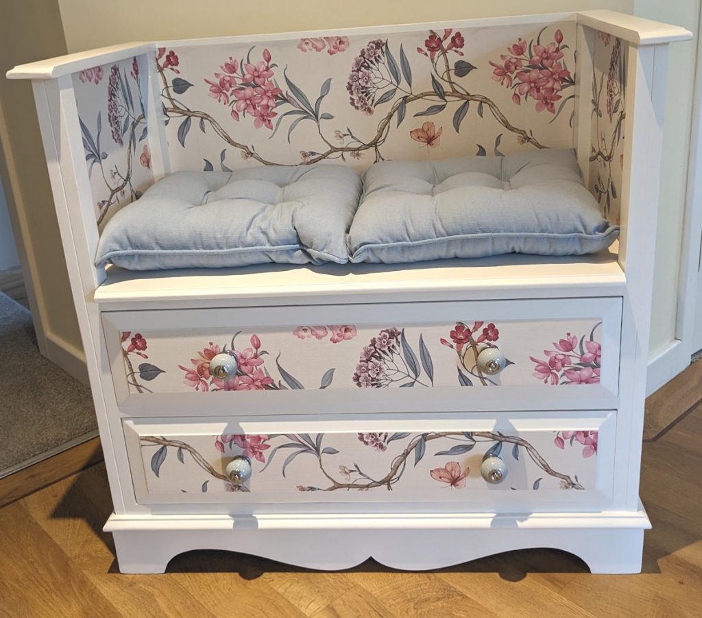 white and floral bench seat