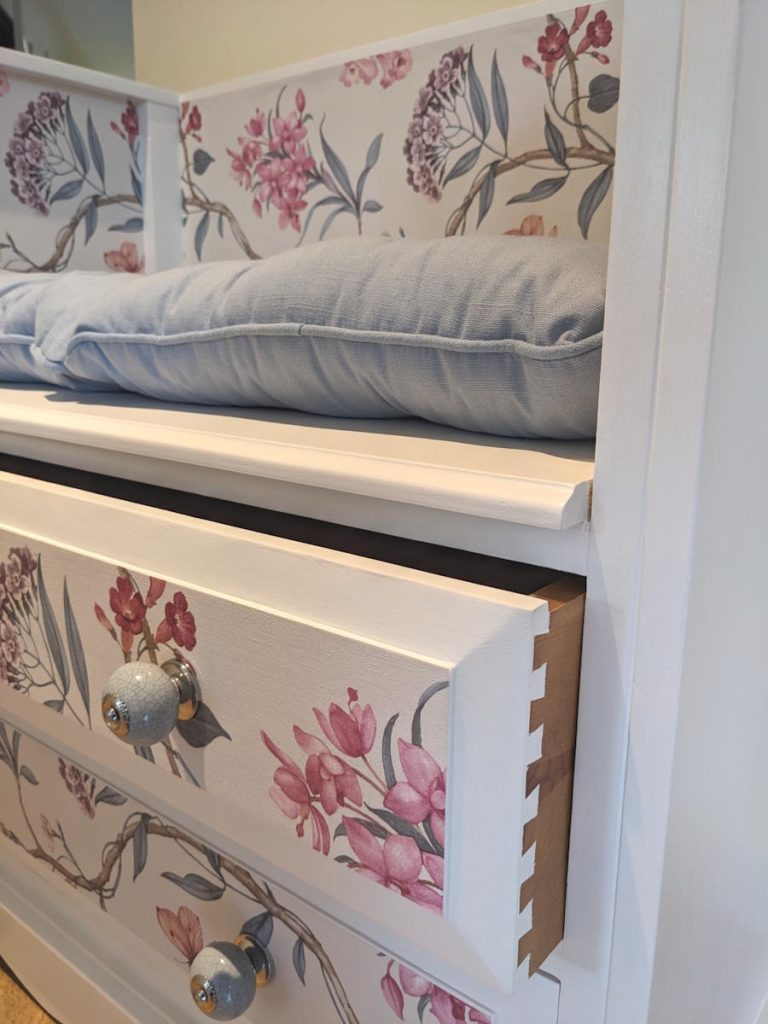 white and floral bench seat