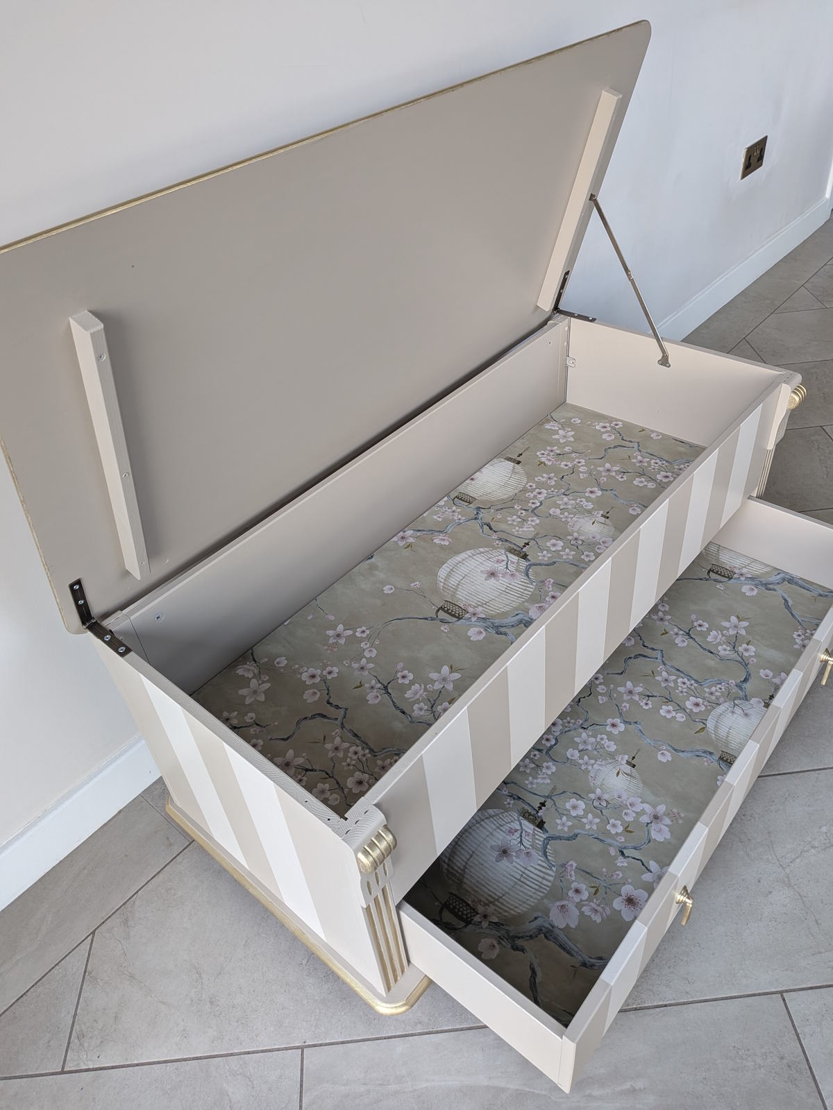 Fusion Cathedral taupe paint striped blanket box with gold wax details