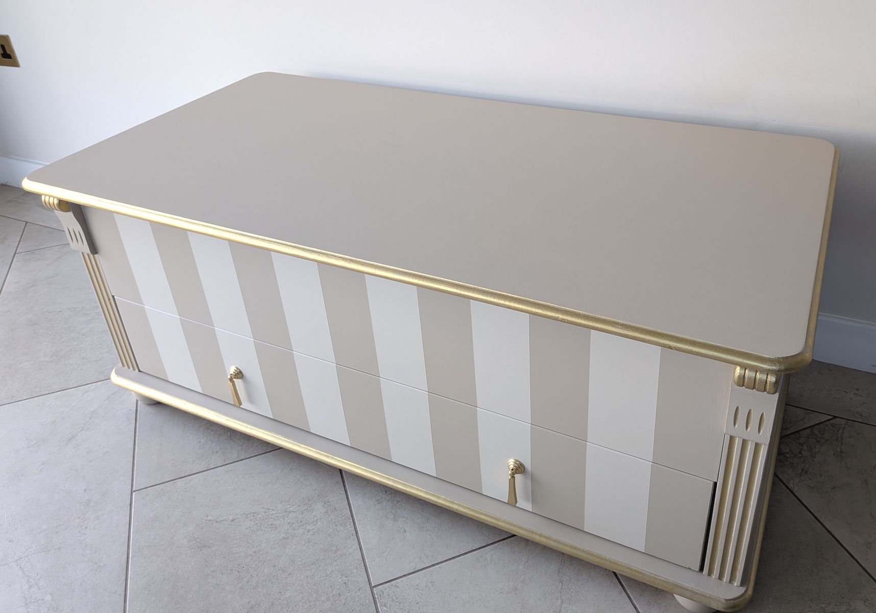 Fusion Cathedral taupe paint striped upcycled blanket box with gold wax details