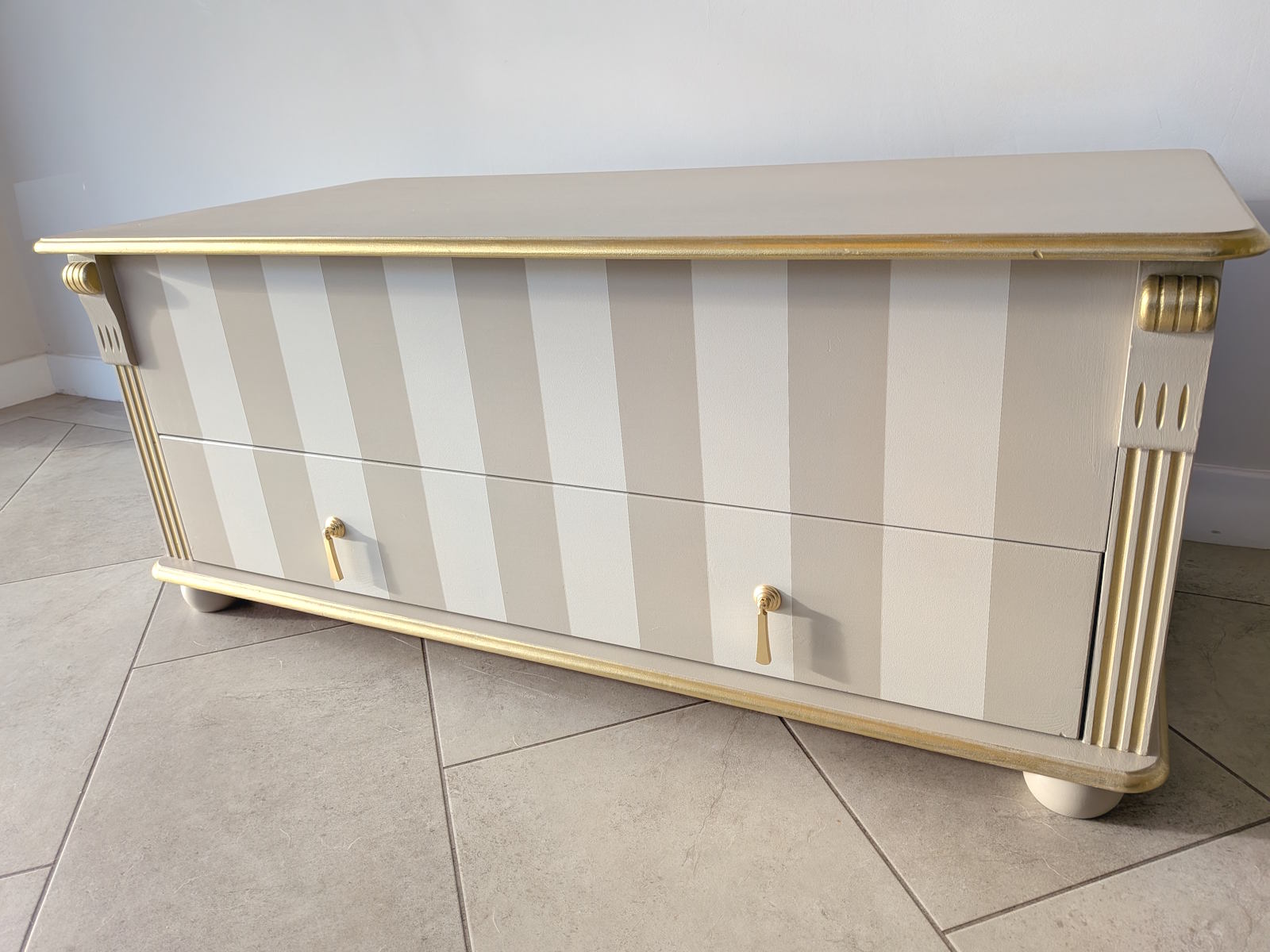 Fusion Cathedral taupe paint striped upcycled blanket box with gold wax details
