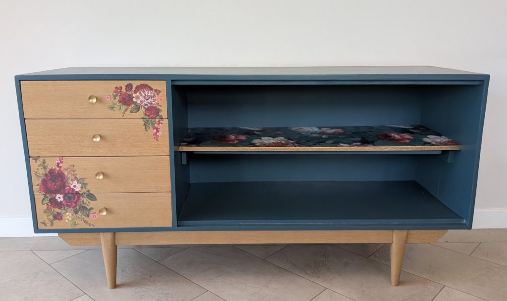 Mid century modern style teal sideboard with oak drawers