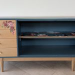 Mid century modern style teal sideboard with oak drawers