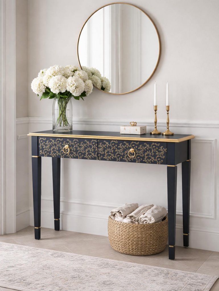 Dark blue console table with gold detailing