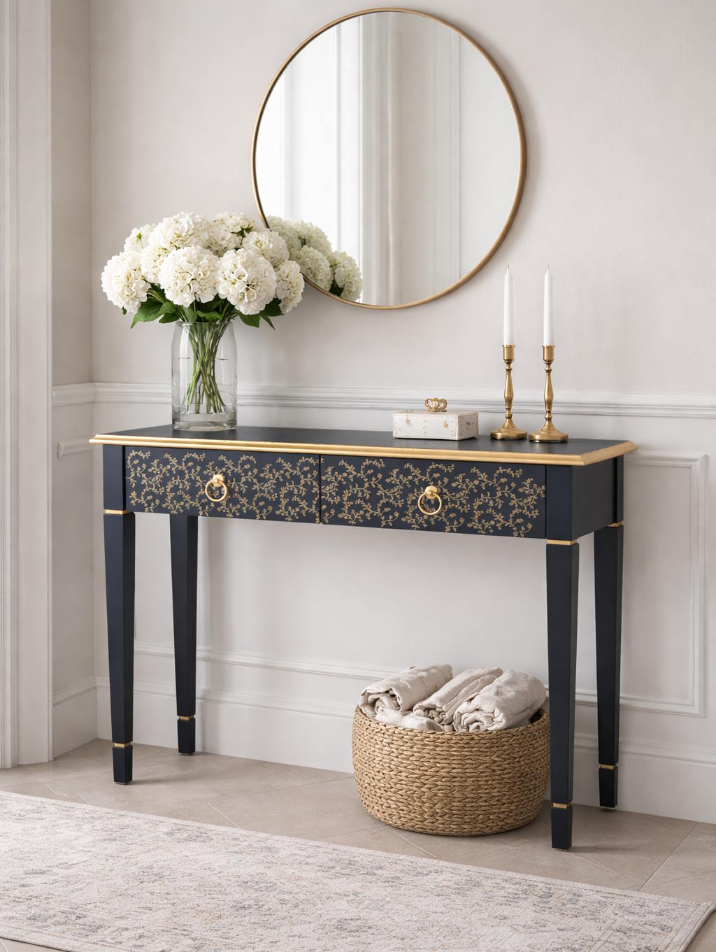 Dark blue console table with gold detailing