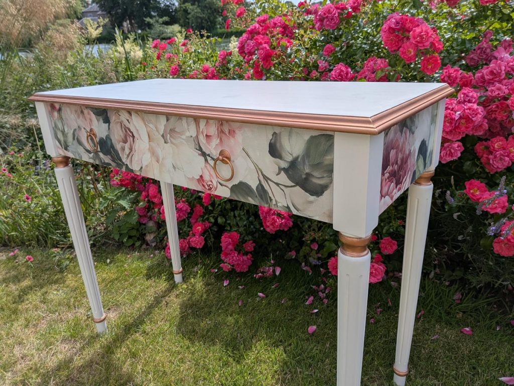 white floral rose gold console table