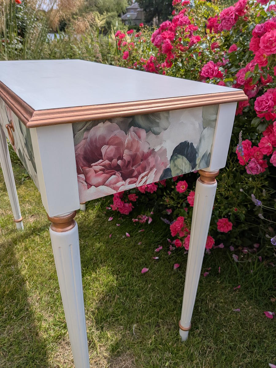 white floral rose gold console table