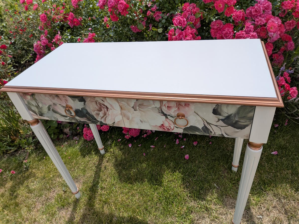 white floral rose gold console table