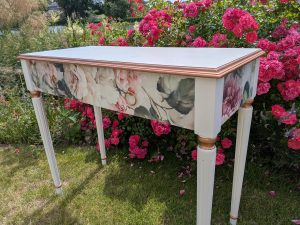 white floral rose gold console table