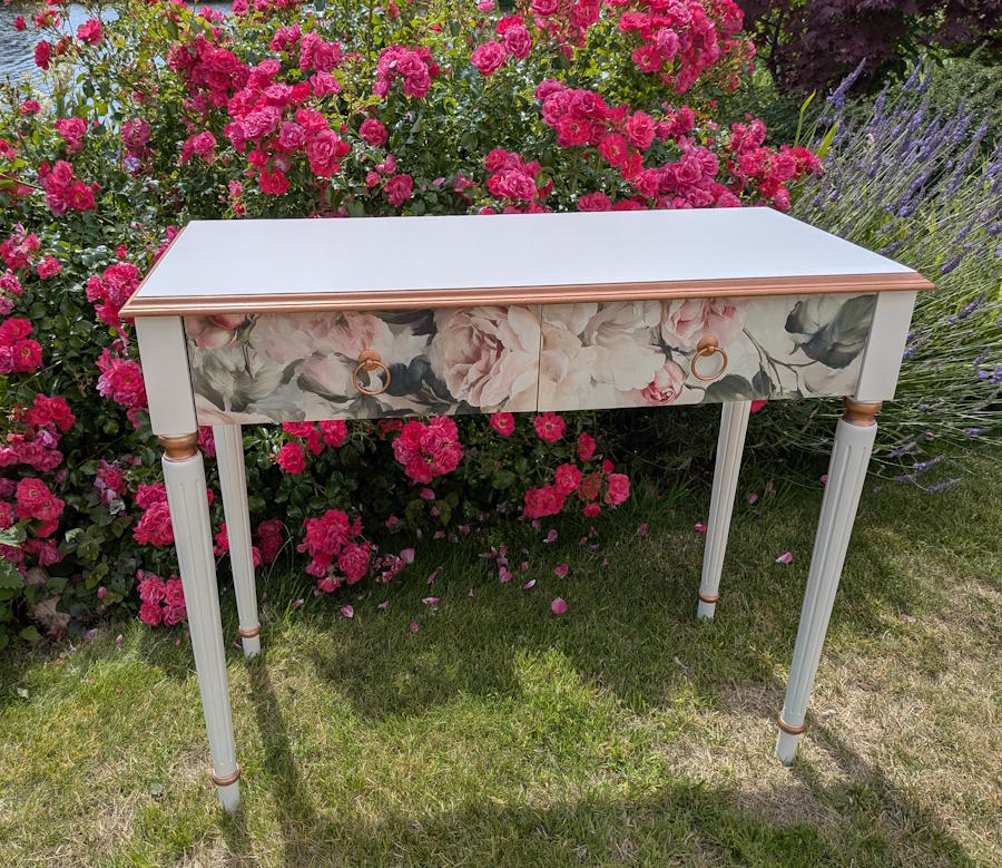 white floral rose gold console table