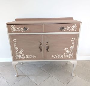 Elegant Vintage Taupe Cabinet Sideboard with Queen Anne Legs