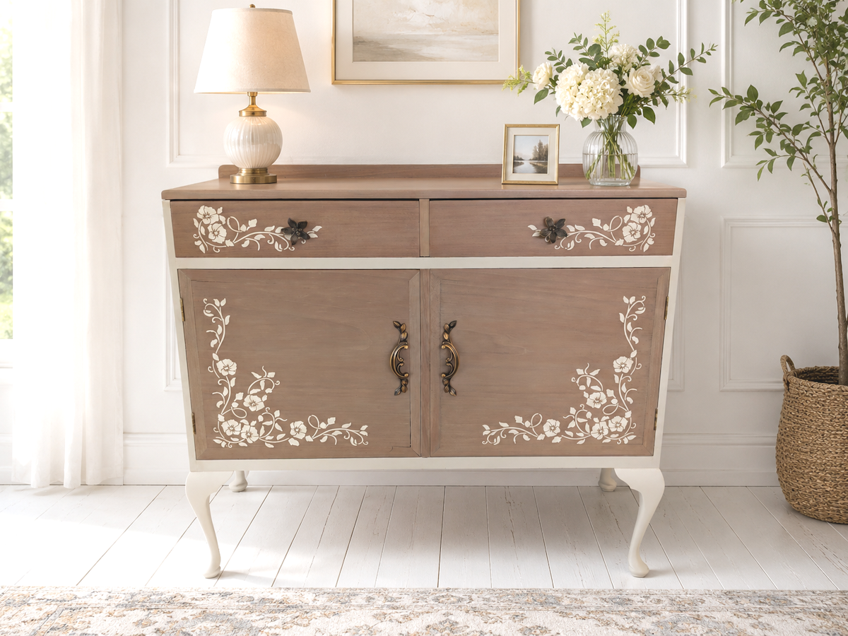 Elegant Vintage Taupe Cabinet Sideboard with Queen Anne Legs